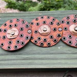 Vintage handmade leather and copper belt part Upcycle Set 10 leather circles 3”